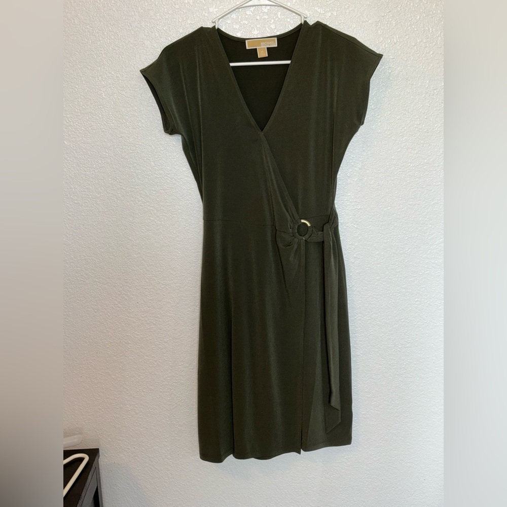Michael Kors Womens Faux Wrap Dress Tie Side V Neck Stretch Olive Green M